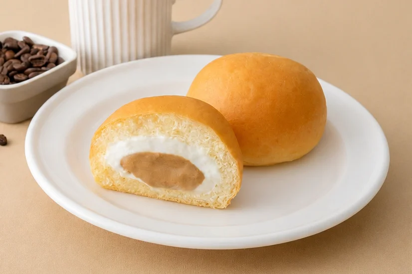 ファミリーマート限定「冷やして食べる とろけるくりーむパン カフェオレ」の断面と全体