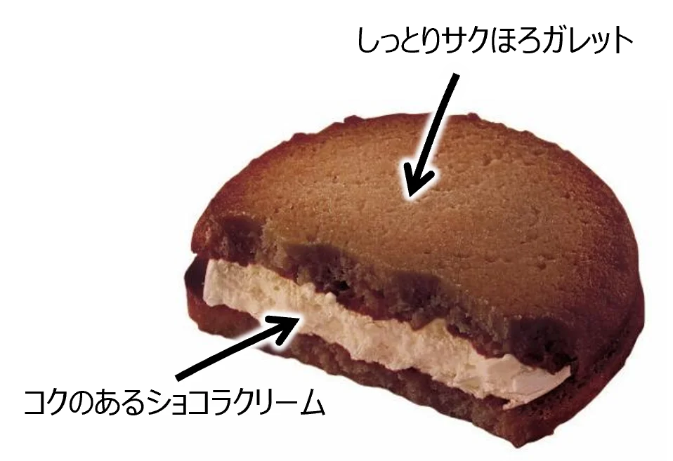 ブラックムーンガレットサンドの断面。茶色い生地にクリームを挟んだ様子