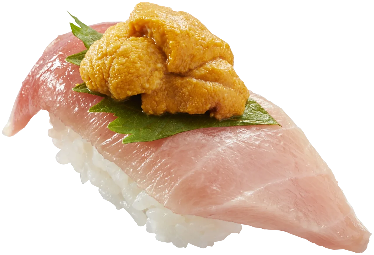 ごちそう うに中とろ。中とろの握りに大葉とうにがのる