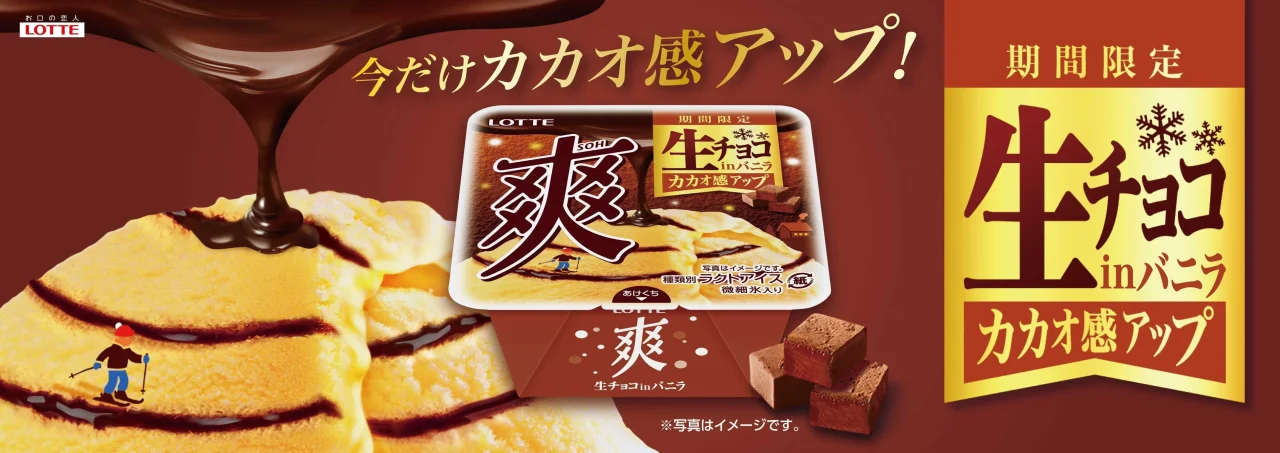 「爽 生チョコinバニラ」のパッケージとチョコがかかったアイス