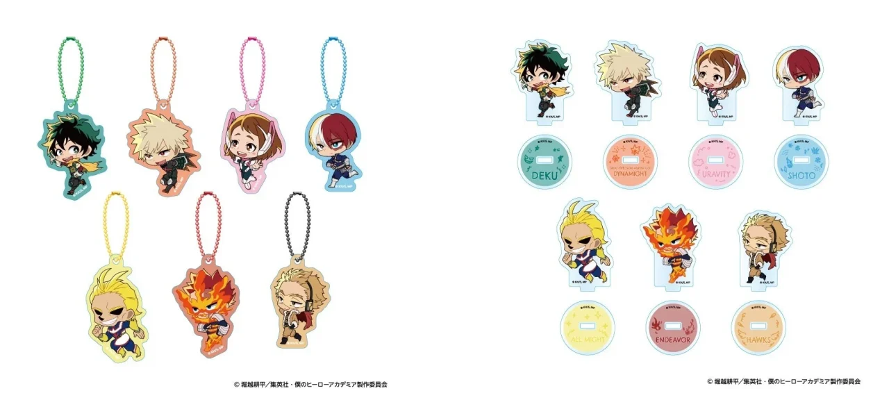 ミニキャラキーホルダーとミニアクリルスタンドの各7種