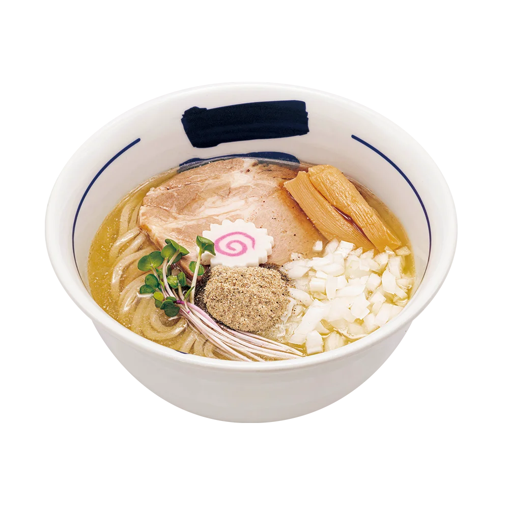 濃厚煮干し中華そば。丼に麺、丸い具材、刻んだ具材などを盛り付けた一杯