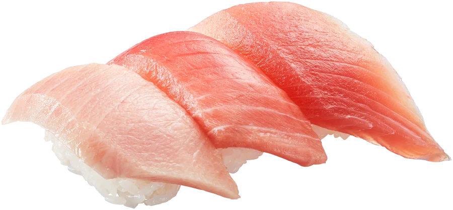 『贅沢まぐろ 至福の三貫』の赤みの異なる三貫の握り寿司