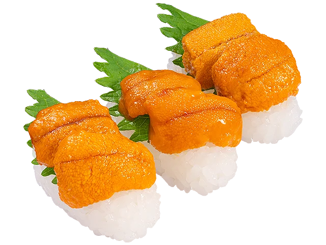 『贅沢 うに三昧』のうにをのせた三貫の握り