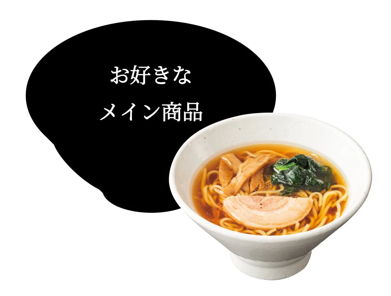 ラーメンセットのイメージ。醤油ラーメンと「お好きなメイン商品」の文字