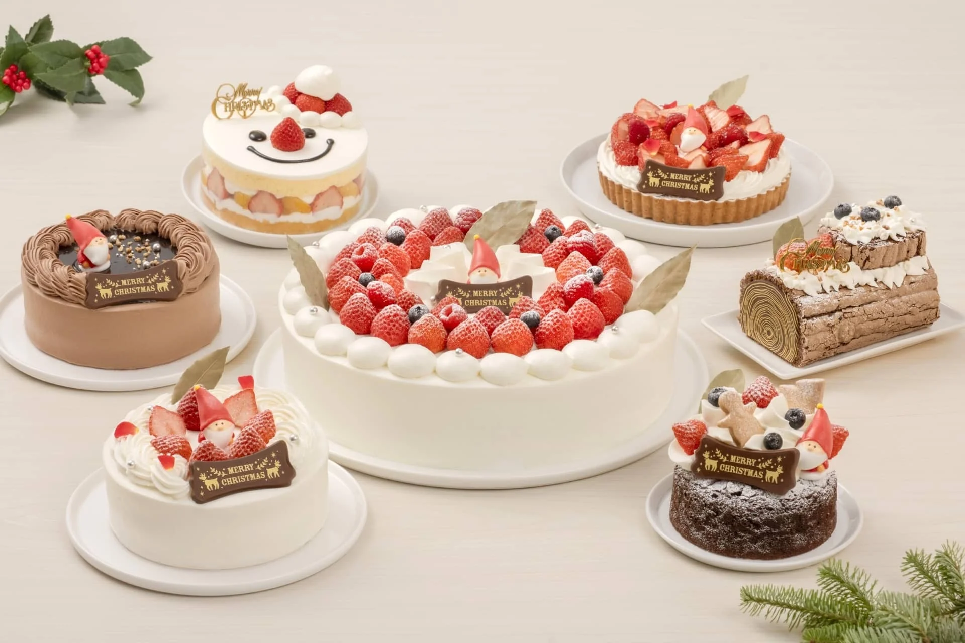 ピネードの2026年クリスマスケーキ全7品が並ぶ集合写真
