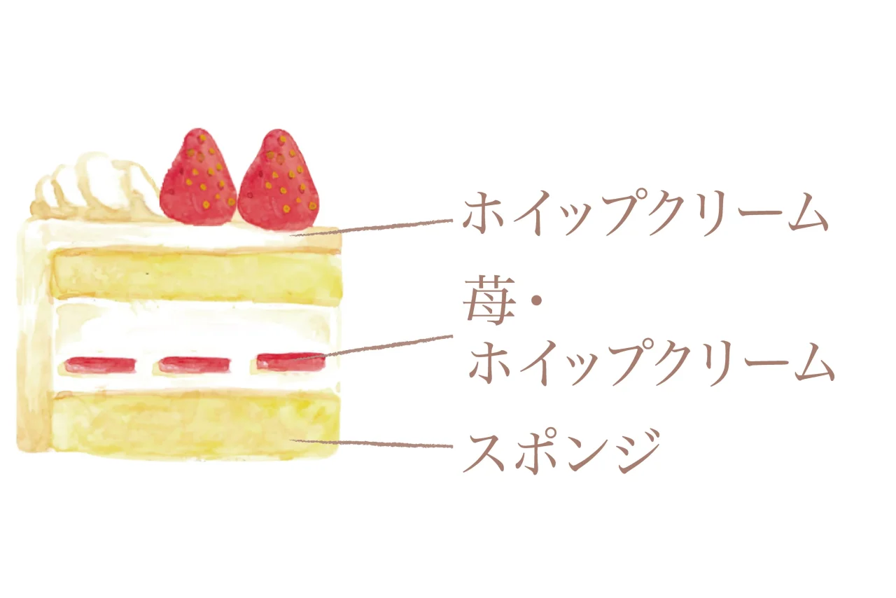 クリスマス 苺のショートケーキの断面図。スポンジとホイップクリーム、苺の層が描かれています。