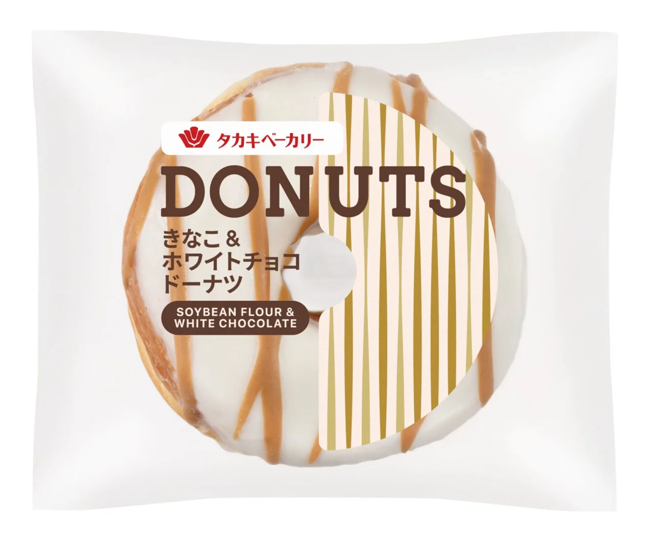 タカキベーカリー きなこ&ホワイトチョコドーナツのパッケージ。白いコーティングのドーナツが写る。