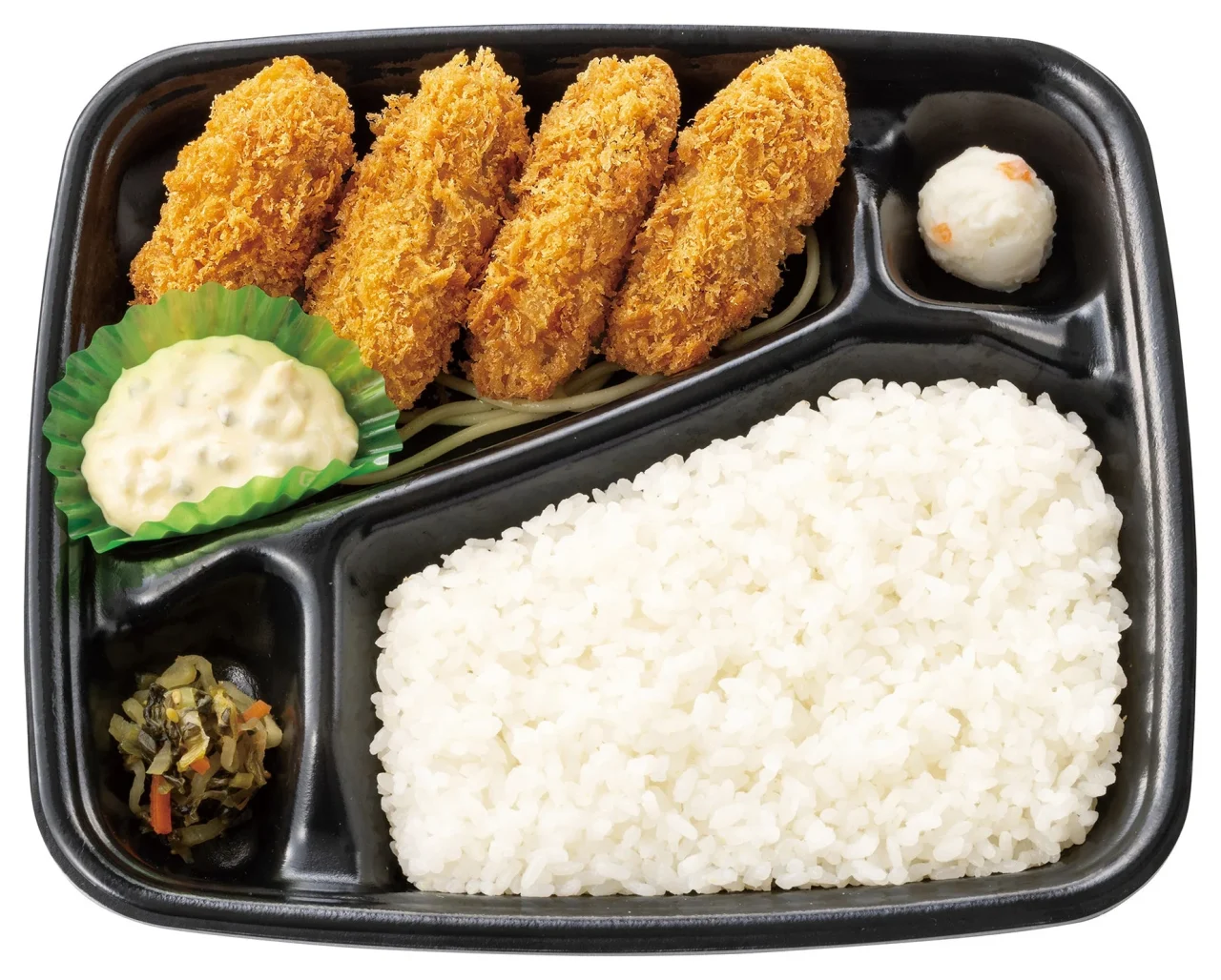 カキフライ4個、ご飯、マヨネーズ、漬物、卵が入った黒い弁当箱