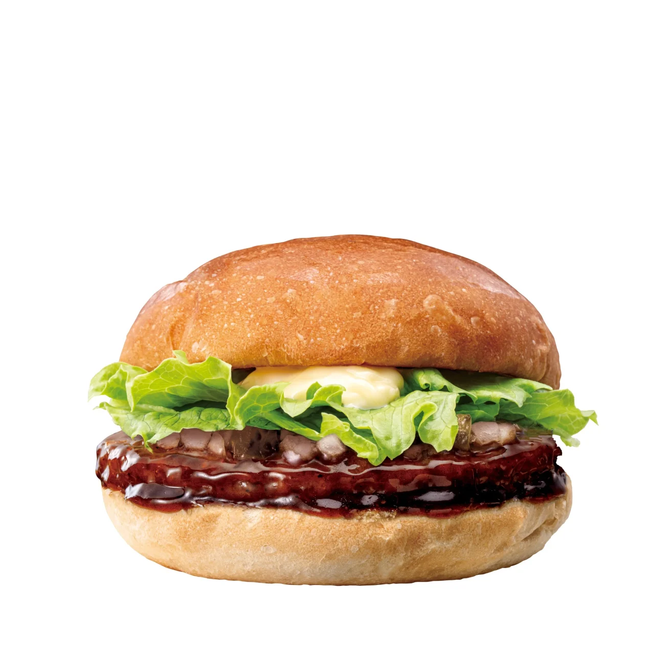 てりやきビーフバーガー。濃い色のソースをまとったパティを挟んだ外観