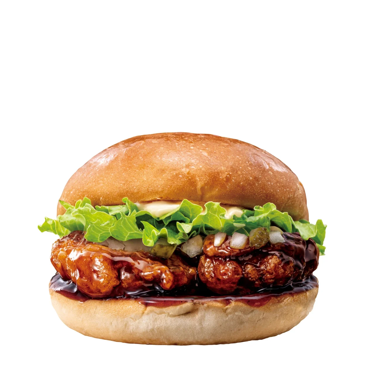 てりやきチキンバーガー。ソースをまとったチキンとレタスを挟んだ外観