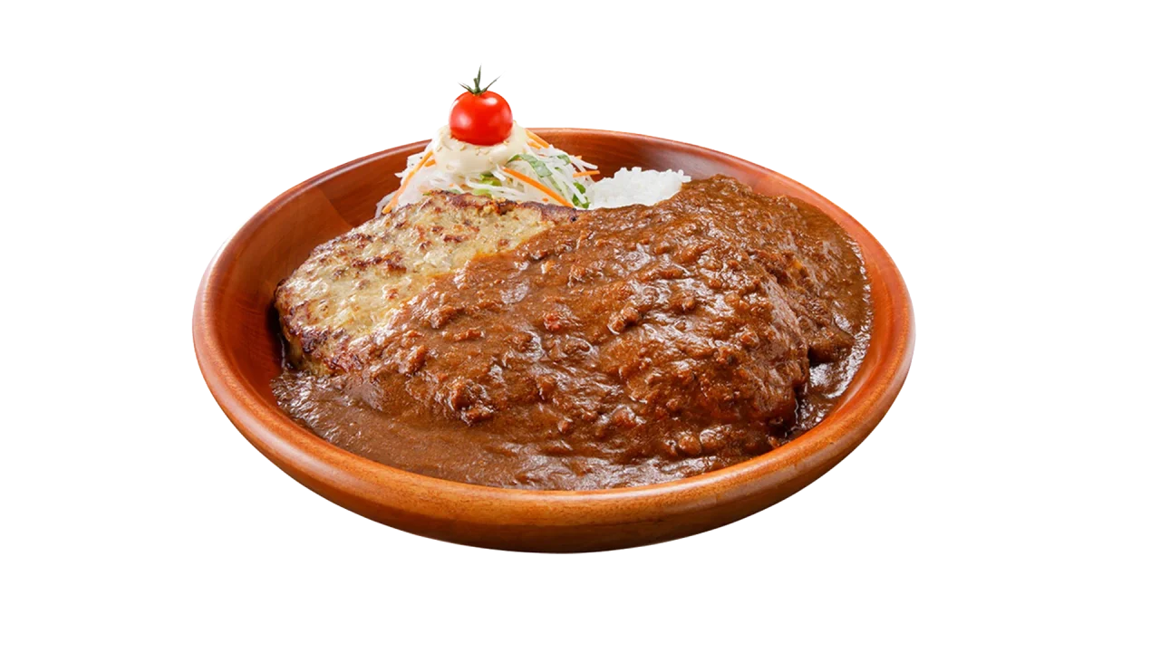 ガリバーカリーバーグディッシュ(レギュラー)。茶色いカリーソースとライス、サラダ