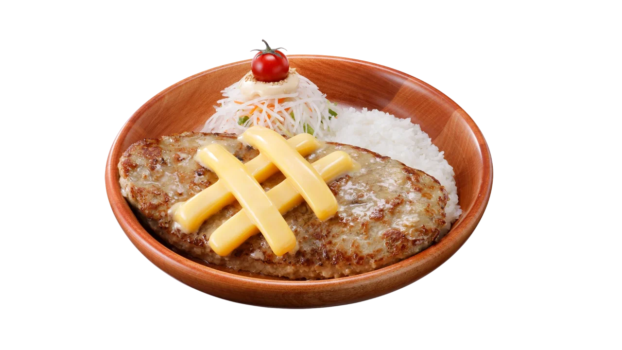 ガリバーWチーズバーグディッシュ。棒状のチーズを交差させ、ライスとサラダを添えた皿