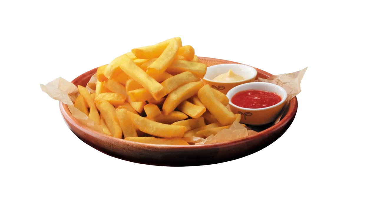 ガリバーフライドポテト。紙を敷いた茶色の皿に山盛りのポテトと赤・白のソース入り小鉢