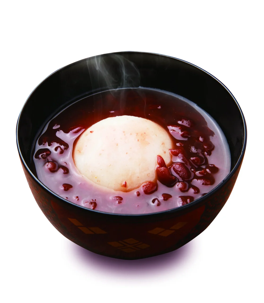黒い椀に入った、湯気の立つ丸もち入りぜんざい