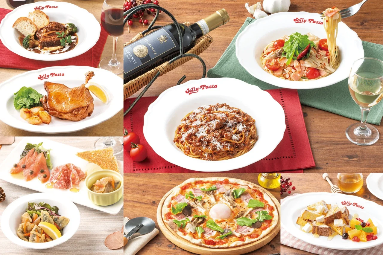 ジョリーパスタ秋冬グランドメニューのパスタ、肉料理、前菜、ピッツァ、ドルチェのコラージュ