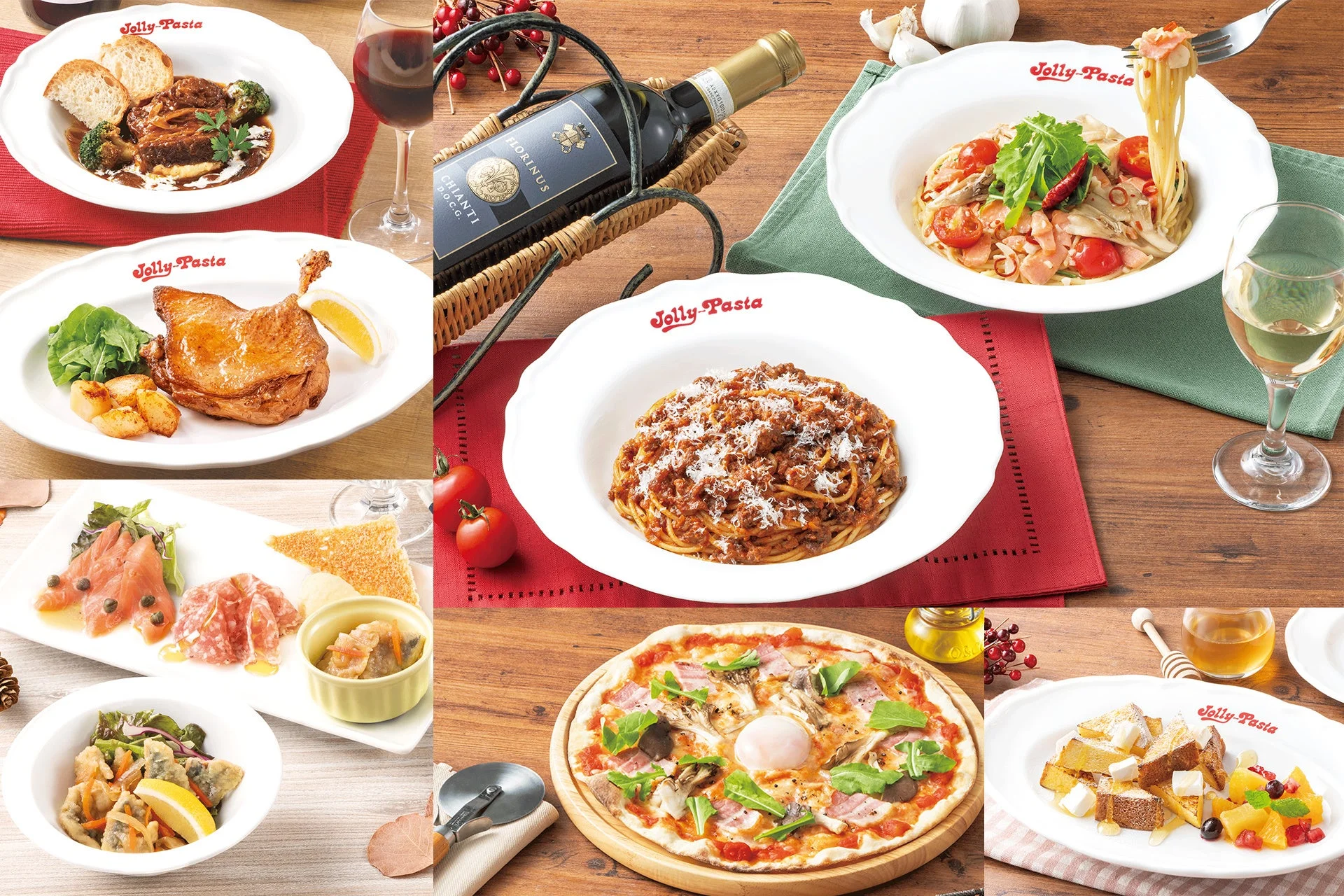 ジョリーパスタ秋冬グランドメニューのパスタ、肉料理、前菜、ピッツァ、ドルチェのコラージュ
