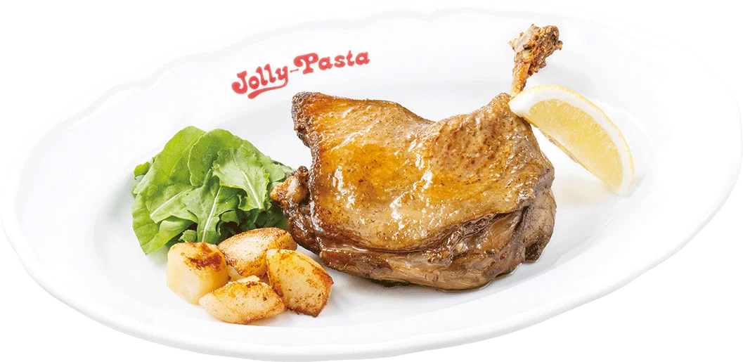 鴨のコンフィー。白い皿に焼いた鴨肉、ルッコラ、ポテト、レモン