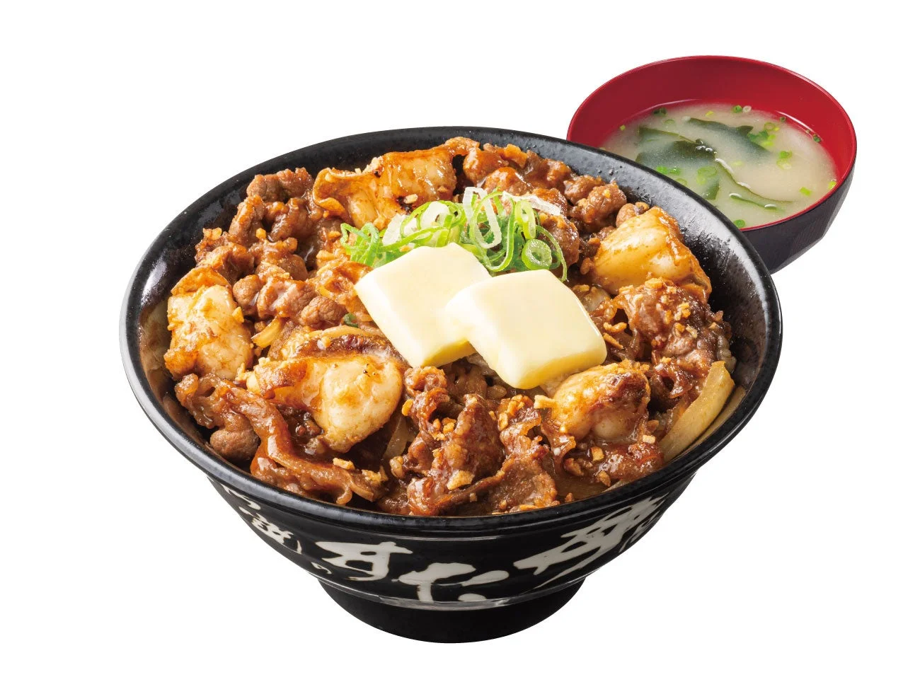 ガリバタ醤油大とろホルモン丼。バターと青ねぎをのせ、味噌汁が付く