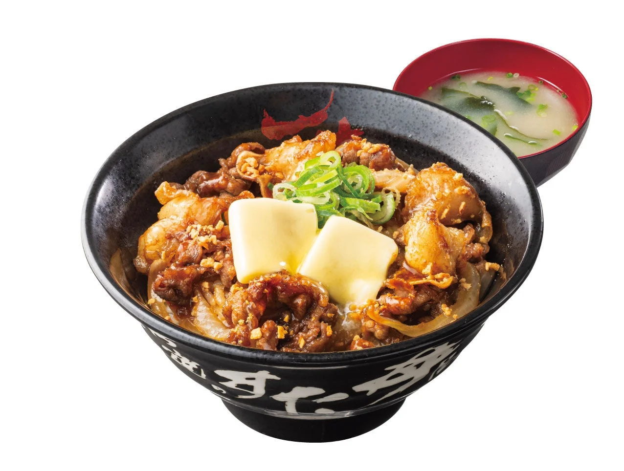 腹八分目の丼。バターと青ねぎをのせた肉丼と味噌汁