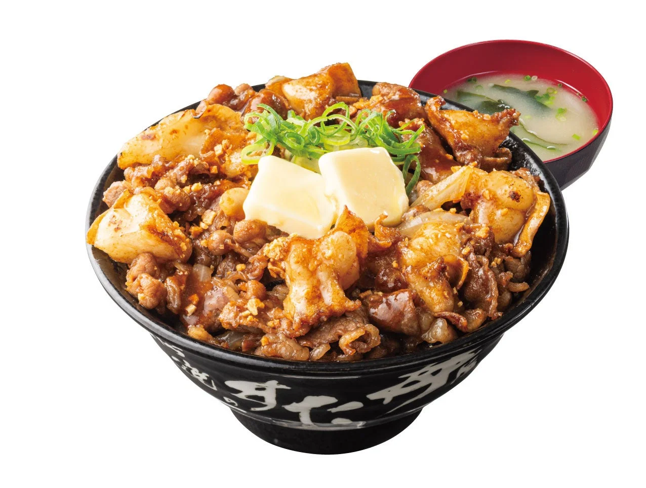 『肉2倍盛り』の丼。バターと青ねぎをのせた肉盛りと味噌汁