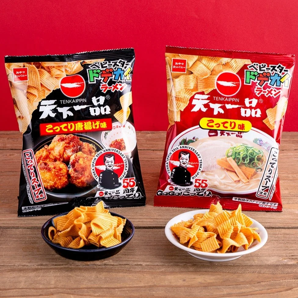 ベビースタードデカイラーメン天下一品 こってり唐揚げ味と こってり味のパッケージと中身