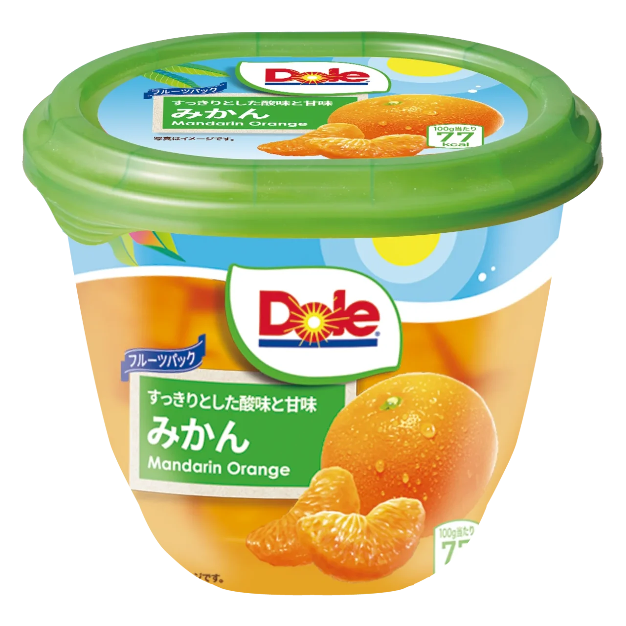 Dole フルーツパック みかんのカップ商品。みかんの絵柄と緑の蓋