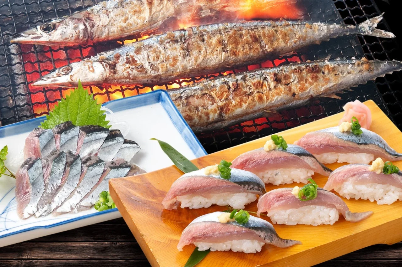 生さんまの塩焼き、刺身、握り寿司が並ぶ大庄水産の10月限定メニュー