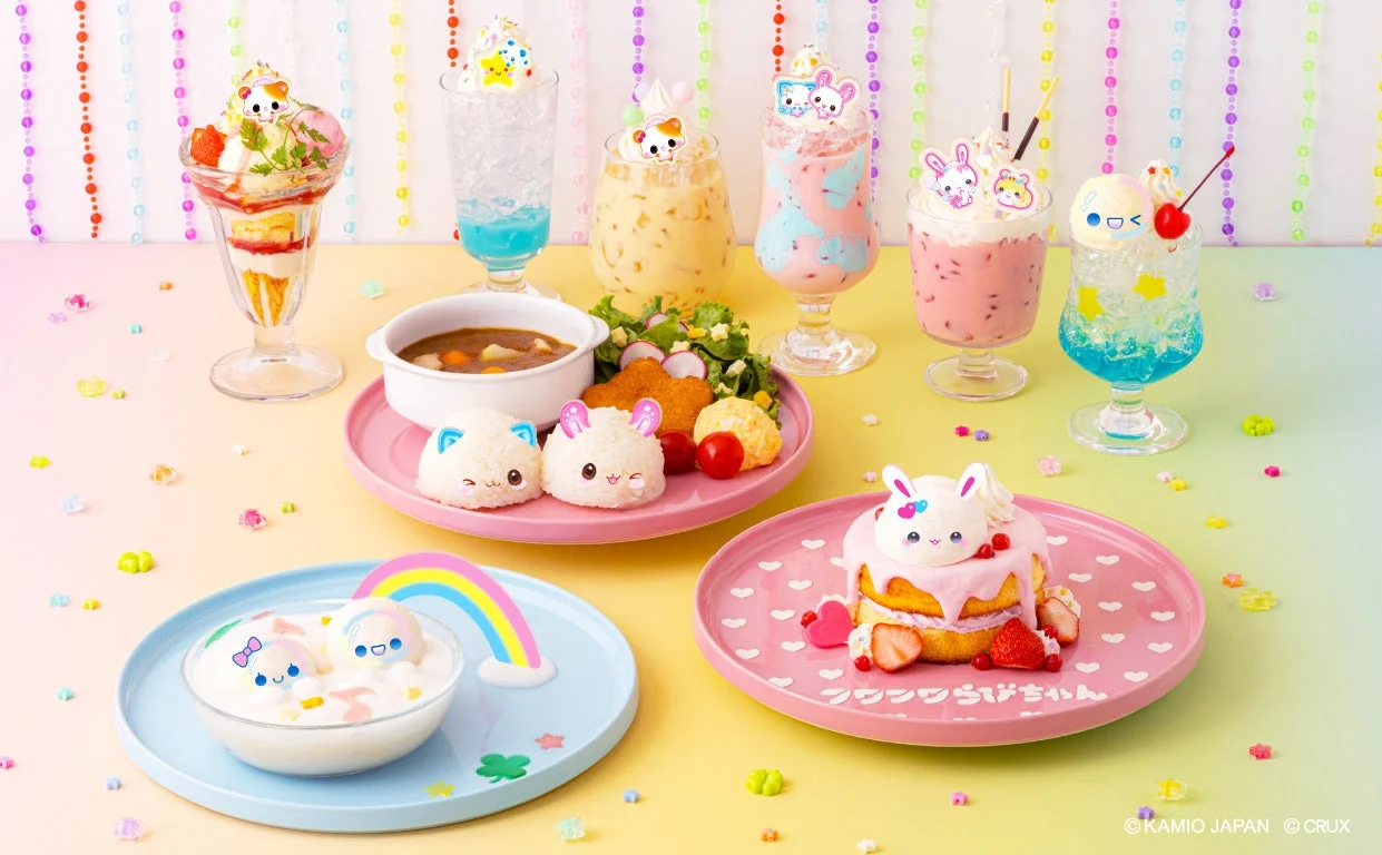 平成ファンシーカフェのコラボメニュー。パフェやカレー、パンケーキ、ドリンクが並ぶ