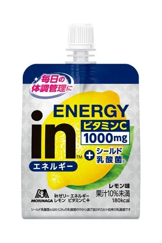 inゼリー エネルギーレモン ビタミンC+のパウチ。レモン柄の黄色いゼリー飲料