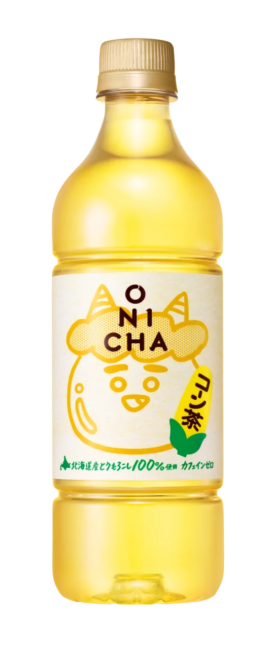 ONICHA コーン茶のペットボトル。黄色い液体と鬼のキャラクターのラベル