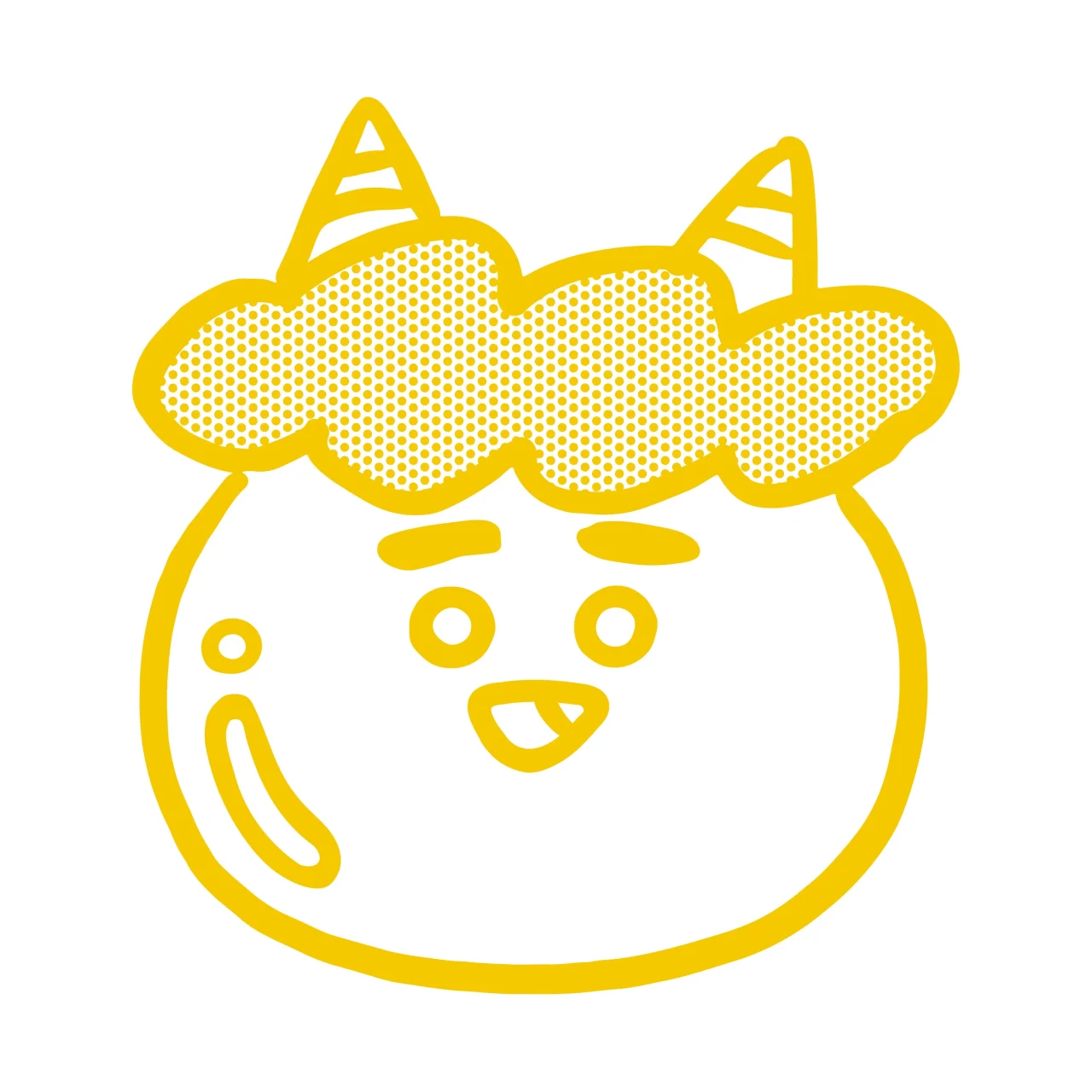 黄色い線画のキャラクター「おにっぴ」の顔。角と網点の髪がある