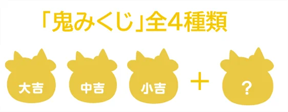 「鬼みくじ」全4種類。大吉・中吉・小吉と?の牛型アイコン