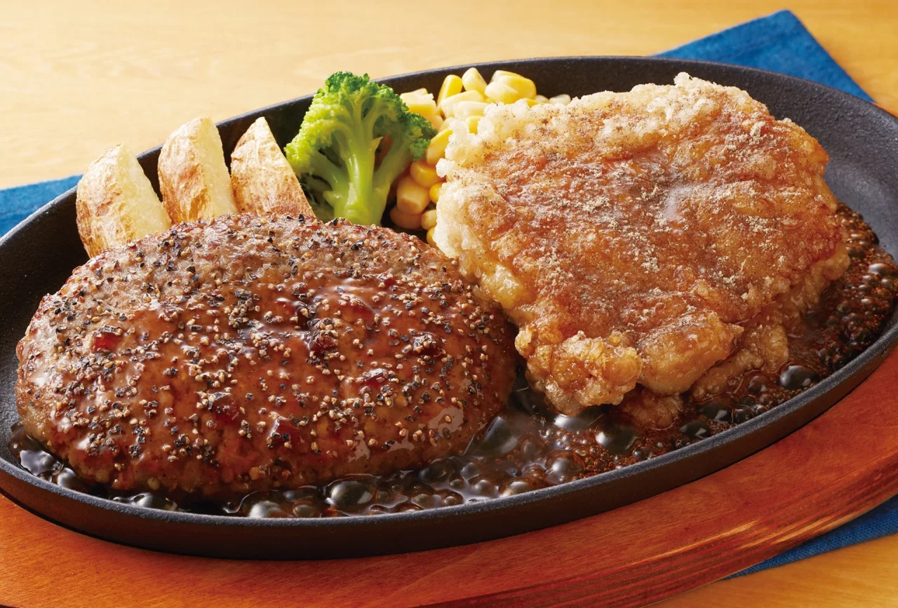 幻のコショウのチキン竜田&ジョイフルペッパーハンバーグの鉄板皿