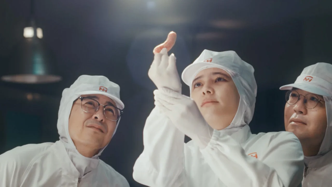 TVCM「ぱっつんぱっつん」篇の、白い作業着の3人が手元を見上げる場面