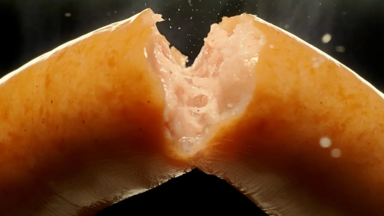 弧を描くソーセージが割れ、中の白っぽい肉が見える接写