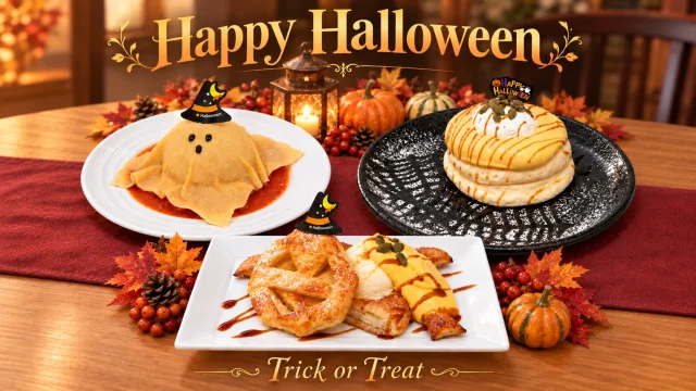 Happy Halloweenフェアのパンケーキ、パイ、おばけ風リゾットの並ぶ告知画像