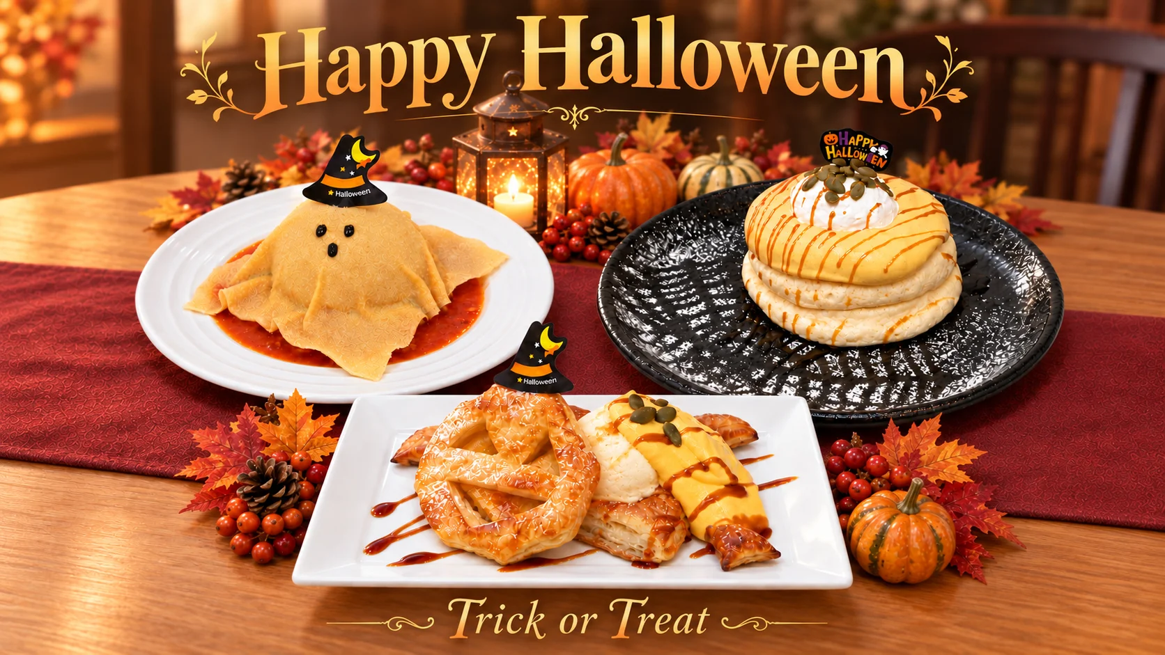 Happy Halloweenフェアのパンケーキ、パイ、おばけ風リゾットの並ぶ告知画像