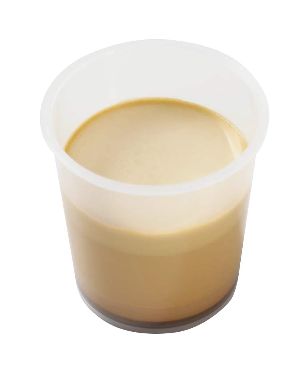 なめらかキャラメルプリン。透明カップに入った薄茶色のプリン