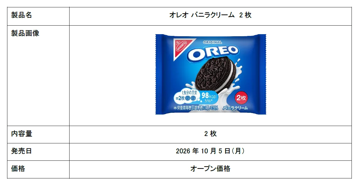 オレオ バニラクリーム 2枚の製品概要表。青いパッケージ入り