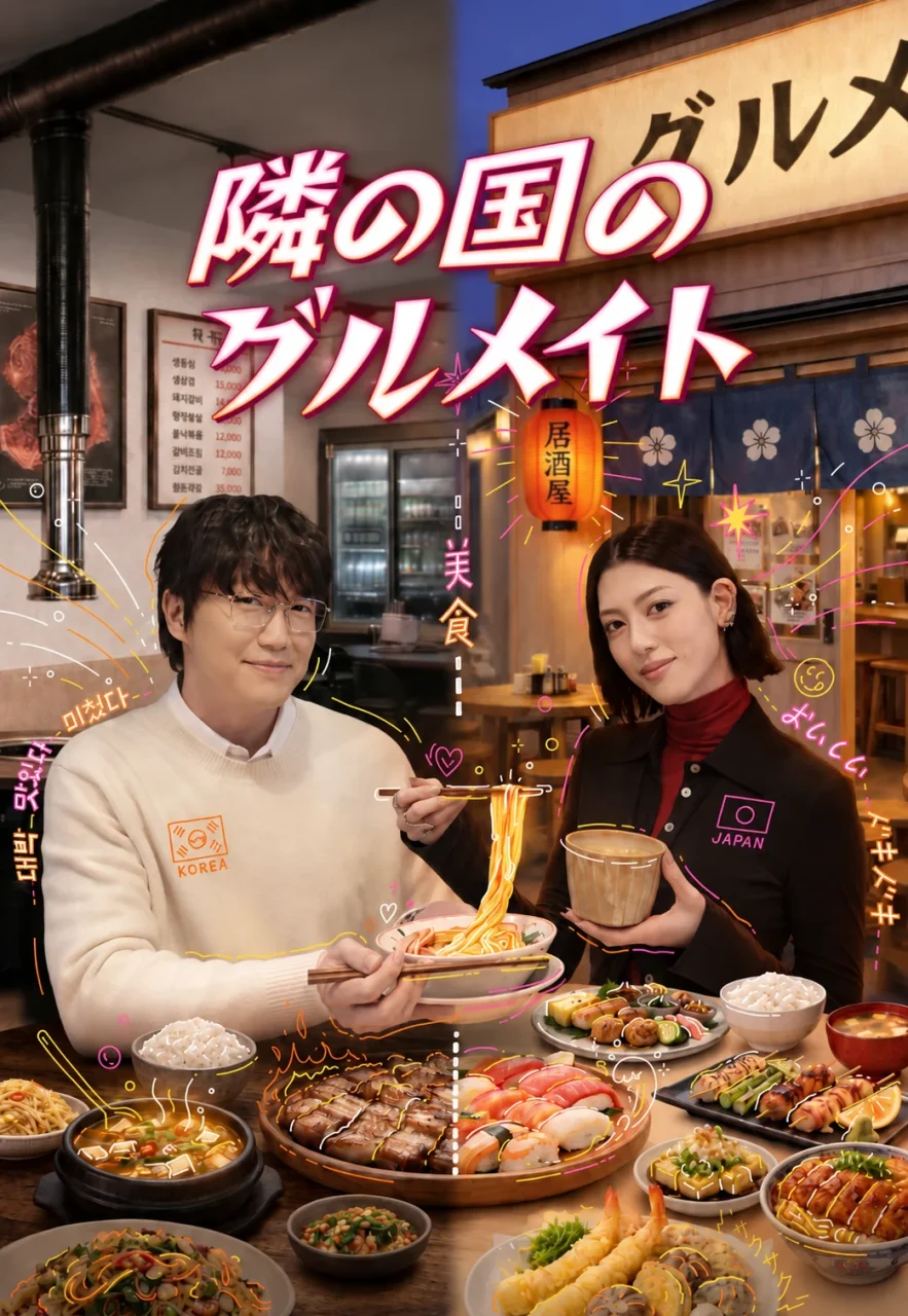 『隣の国のグルメイト』の番組ビジュアル。男女と料理が並ぶ食卓