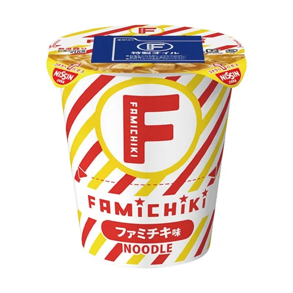 ファミチキ味ヌードル 赤と黄のストライプに大きなFのカップ麺