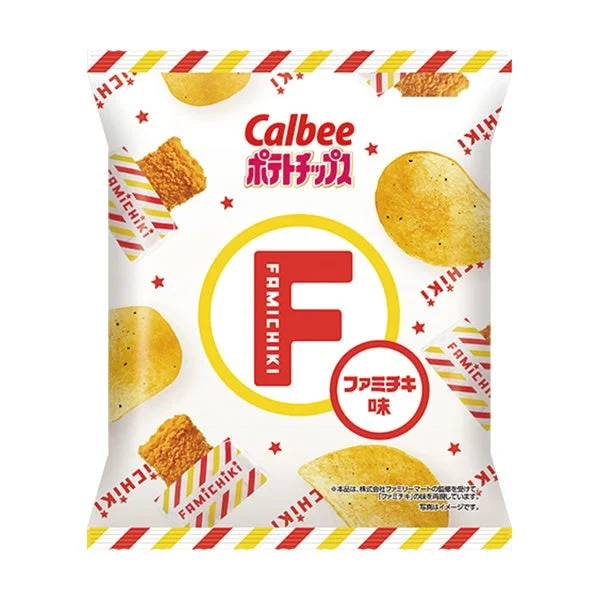 ポテトチップスファミチキ味のパッケージ。黄色い円のFマークとチキン柄