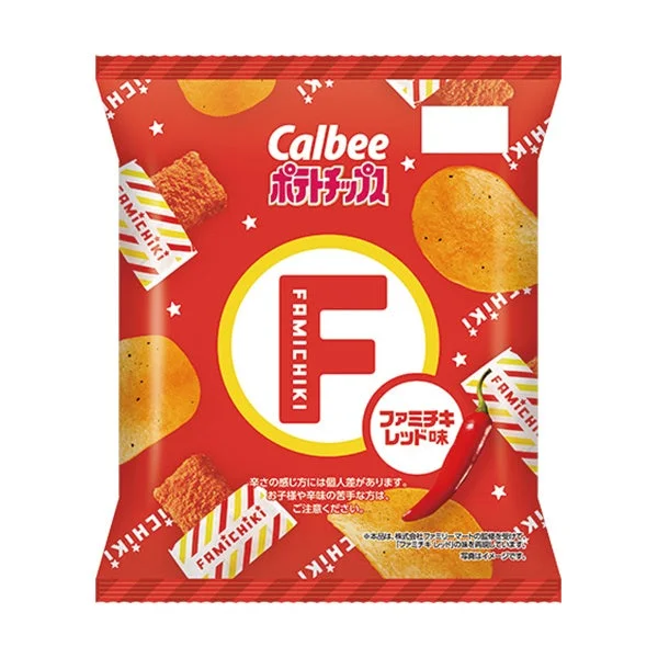 ポテトチップスファミチキレッド味の赤いカルビーのパッケージ