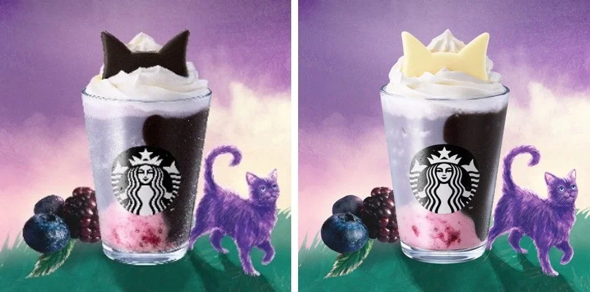 ブラックベリー ヨーグルト フラペチーノ® 黒耳ver.と白耳ver.、紫の猫とベリー
