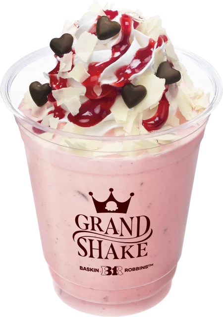 GRAND SHAKE スウィート ラブポーションサーティワンシェイク。ピンクのシェイクにホイップとハートチョコ
