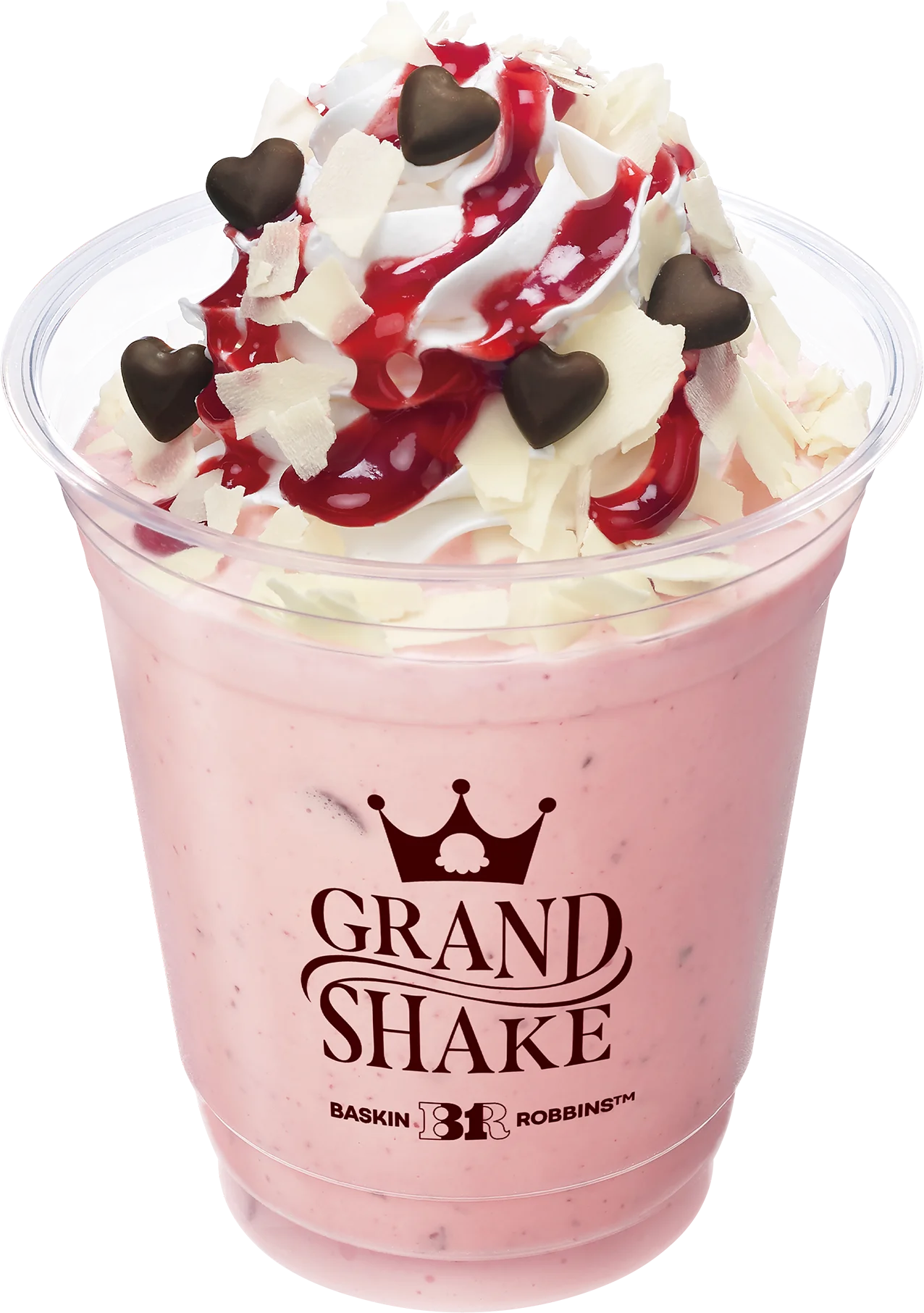 GRAND SHAKE スウィート ラブポーションサーティワンシェイク。ピンクのシェイクにホイップとハートチョコ