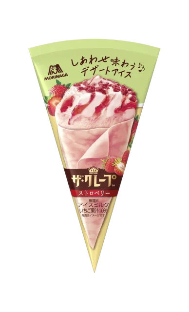 ザ・クレープ ストロベリーのパッケージ。ピンクのクレープにいちごソースとクランチ