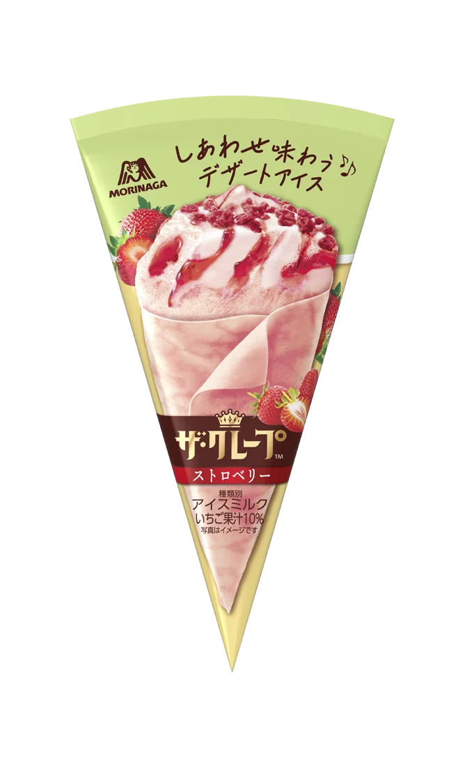 ザ・クレープ ストロベリーのパッケージ。ピンクのクレープにいちごソースとクランチ