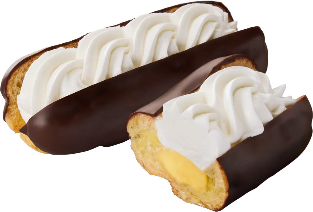 ダブルクリームエクレア。ホイップとカスタードを詰めたチョコがけエクレア